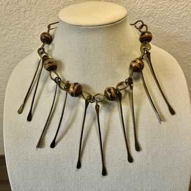Vintage Brutalist Brass and wood  Fringe Collar/Choker Statement Bib Necklace, Modernist Jewelry 