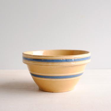 Vintage Yellow Ware Small Mixing Bowl, Stoneware Kitchen Bowl, Antique Bowl, Yellowware Bowl with Blue Stripes 