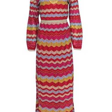 M Missoni - Pink, Blue & Gold Metallic Chevron Knit Long Sleeve Maxi Dress Sz 4