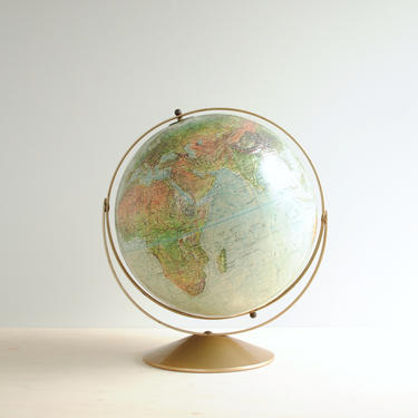 Vintage World Globe, 12&amp;quot; Replogle Land and Sea Relief Globe, Mid Century Globe with Gold Metal Base, Swivel Globe 