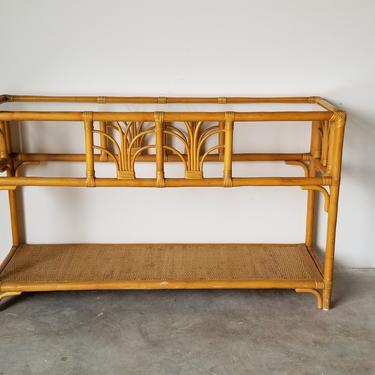 Vintage Two Tier Rattan and Glass Top Console Table 