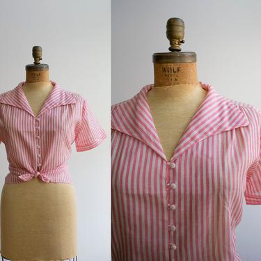 Vintage 1950s Blouse / Pink and White Vertical Striped Blouse / Linen Blouse XL / 1950s Blouse XL / Pink and White Mid Century Blouse Large 