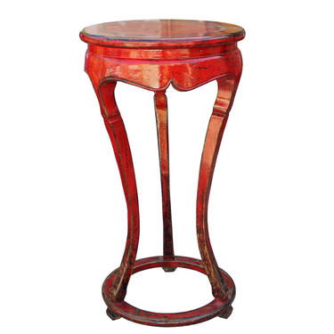 Chinese Distressed Red Tall Round Plant Stand Pedestal Table cs3976E 
