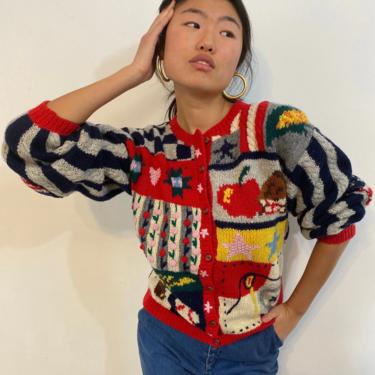 80s handknit patchwork wool sweater / vintage wool hand knit scenic folk landscape patchwork quilt intarsia cardigan sweater | M L 
