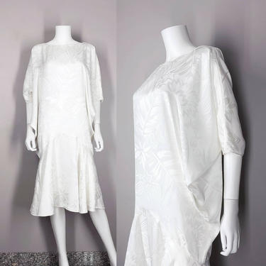 Vintage 80s White Cocktail Dress, Medium / Silky Jacquard Midi Dress / Dropped Waist 1920s Inspired Flapper Dress / 1980s Blouson Dress 