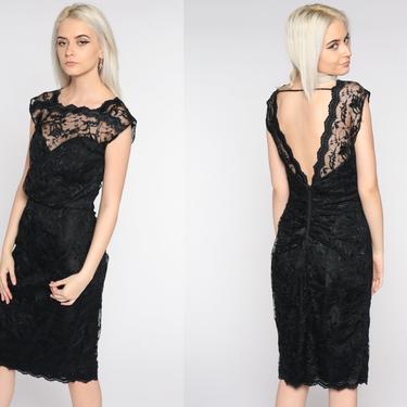Black Lace Dress 80s Party Dress Low Back Backless Dress Illusion Sweetheart Neckline Wiggle Pencil 1980s Sheath Vintage Cap Sleeve Small 