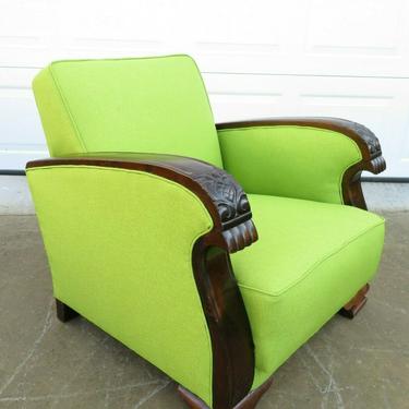 1920's ART DECO LOUNGE CLUB CHAIR W/ NEW UPHOLSTERY Carved Wood BEAR PAW ARMS