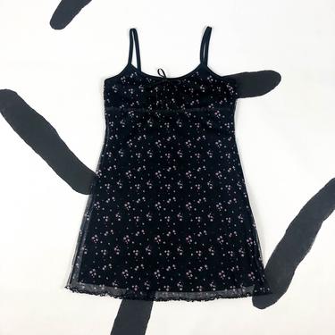 90s Spaghetti Strap Tank Dress With Floral Mesh Overlay / Empire Waist / Gathered Bust / Bow / Ditsy / y2k / Large / Clueless / L / Grunge 