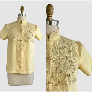 SILK ROAD Vintage 70s Chinese Embroidered Yellow Blouse | 1970s Asian Dead Stock Top with Open Embroidery Work and Mandarin Collar | Medium 