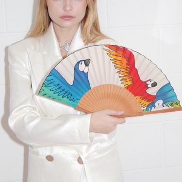 Hand-Painted Silk Red and Blue Parrot Fan