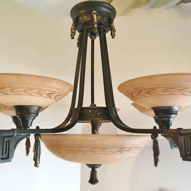 Art Deco bronze gilt chandelier with alabaster shade 