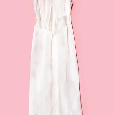 20's - 30's White Satin Pink Flower Embroidery, Full Vintage Slip Dress, Art Deco Flapper 1920's, 1930's Lingerie Eyelet Ruffle Lace Bridal 