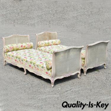 Pair of French Louis XV Style Pink &amp; Cream Painted Bed Carved Wood &amp; Cane Daybed