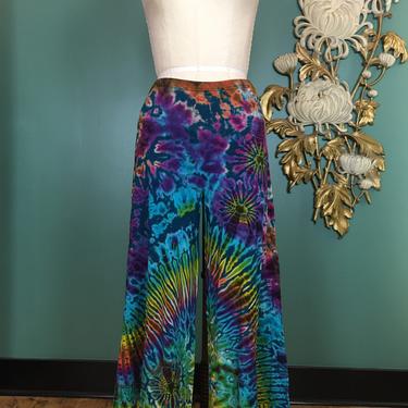 Vintage palazzo pants, tie dyed jersey, wide leg, hippie pants, yoked waist, festival style, small medium, yoga, rainbow 