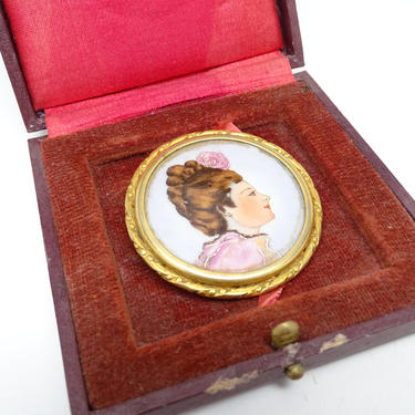 Antique French Miniature Portrait Hand Painted on Porcelain, Pin Back Brooch in Case, Vintage Limoges A Cheippe 