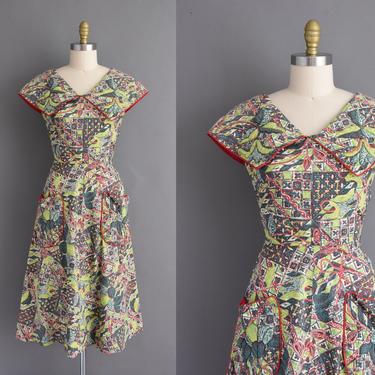 vintage 50s dress - Joy Kingston Tropical Hawaiian floral print cotton full skirt dress- Size Medium - 1950s dress 