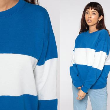 Blue Striped Sweatshirt 90s Color Block Sweatshirt 80s Slouch Crewneck White Pullover Jumper Long Sleeve Shirt Vintage Small Medium 