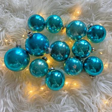 Vintage Set of 12 Teal Glass Ornaments // Teal Christmas Tree Bulbs // Teal Holiday Ornament // Vintage Christmas Decor - T1 