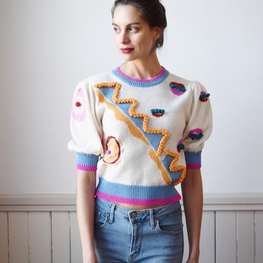 Vintage 1980s Wild Puff Sleeve Knit Top | S | 80s Multi-color Novelty Knit Blouse with 3D Design, Pom Poms, Appliques 