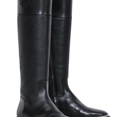 Tory Burch - Black Smooth &amp; Pebbled Leather Riding Boots w/ Embossed Logo Sz 7