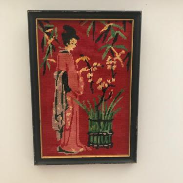 Mid Century Vintage Figurative Needlepoint of a Japanese Woman Attending Her Orchids, Bright Red Ground Color, Kitsch 1950s Decor 