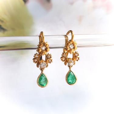Antique Emerald Pear Drop Floral Earrings with Diamonds 18K Yellow Gold 