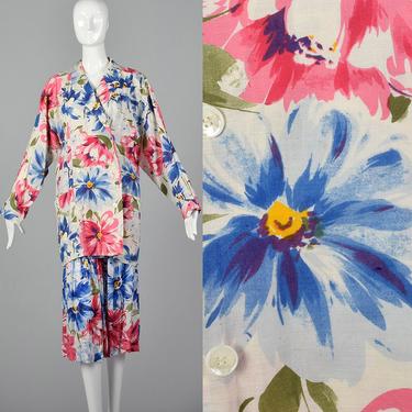 Medium 1980s Floral Print Skirt Suit Matching Set Oversized Linen Blazer Silk Skirt Blue Pink Separates 80s Vintage 