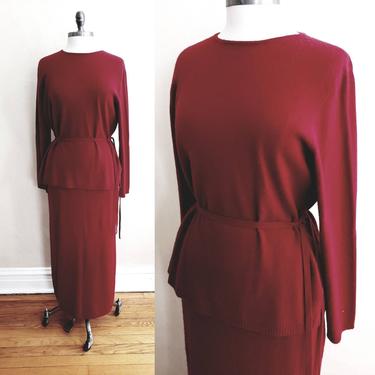 1990s Cranberry Red Cashmere Sweater Skirt Set Lord Taylor / 90s Long Sleeved Skirt Suit Minimalist / Faustine 