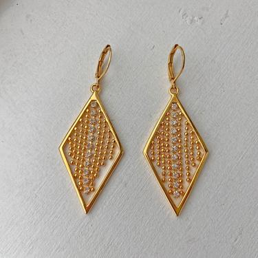 Vintage 1980's Joan Rivers Gold Tone Rhinetstone Dangle Earrings // Rhombus Shaped, Cascade Dangle Earrings // Christmas, Birthday Gift 