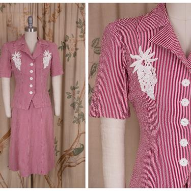Vintage 1940s Suit - Charming Burgundy and White Striped Cotton Seersucker 40s Summer Suit Dress Set 