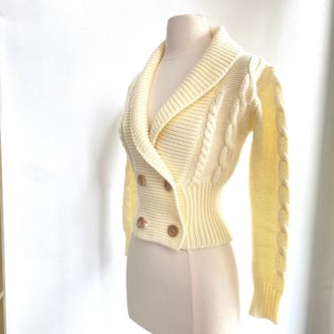 70’s Vintage Cream CABLED CROPPED CARDIGAN / Shawl Collar + Double Breasted 