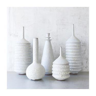 Reserved For Brittany- Custom set of 3 Stoneware sculptural vases in Crater White glaze by Sara Paloma Pottery. 