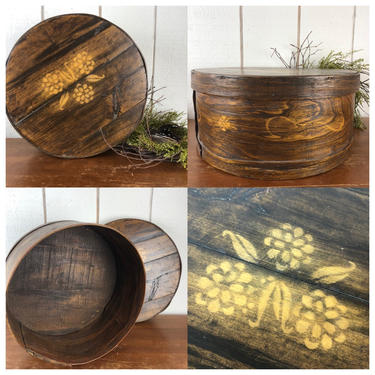 Vintage Round Wood Cheese Box, Stained and Painted primitive style 