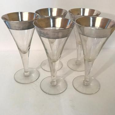 Vintage 5 PC set Dorothy Thorpe Silver Band Sherry  Cordial 4 ounce Glass Set- Allegro Band- Original Label- Excellent Condition 