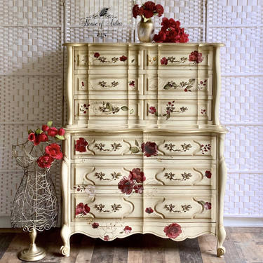 Cream and Gold Vintage French Country Chest.  Kent Coffey Dresser. Custom French Provincial Dresser.  English Roses. Eclectic Living Room. 