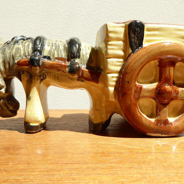 Vintage Donkey Cart Planter | Hand Painted Ceramic | Rustic Colors | Japan 