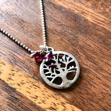 Vintage Sterling Tree of Life Pendant Necklace Garnet 925 Mex Silver Ball Chain 
