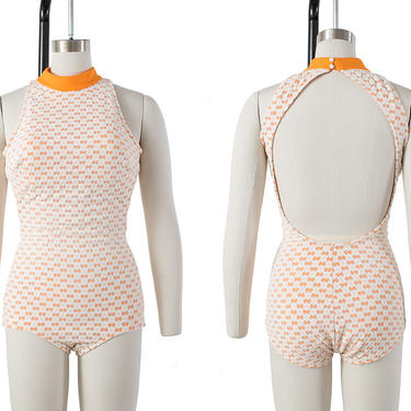 Vintage 1960s Swimsuit | 60s White Lace Overlay Orange Open Back One Piece Bathing Suit (small) 