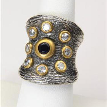 Handmade Artisan Sterling Silver Textured Band Ring Sapphire Zircon Size 7.25 