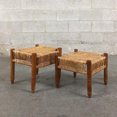 Vintage Ottomans Retro 1980s Set of 2 Spindle Wood Frames + Square Woven Straw Seats Ottoman Set + Handmade + Seating + Table + Home Decor 