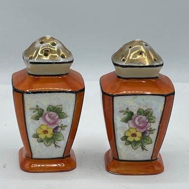Vintage Luster ware Salt and Pepper ShakesFloral Design-Art Deco Made in Japan- Orange and Gold 