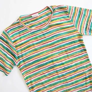 Vintage 70s Striped Shirt M - 1970s Multicolor Stripe Acrylic T Shirt - Green Red Yellow Striped Top - Colorful Vintage Knit Shirt 
