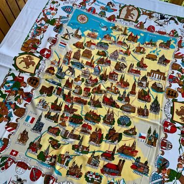Vintage 1950's GERMAN SOUVENIR TABLECLOTH - Tourist Item - Awesome Illustrations - Linen/Rayon - 46 inches x 60 inches 