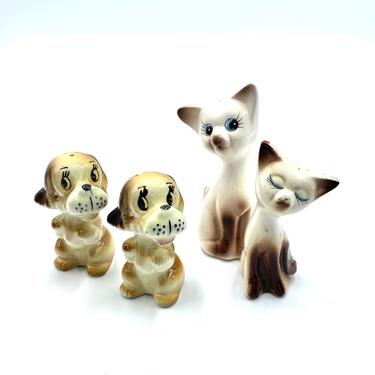 Siamese Kitten or Puppy Dog Salt Pepper Shakers, MCM White Brown Cats Kittens, Mid Century Modern Shaker, Vintage, Figure, Japan 