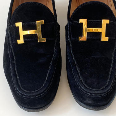 Vintage HERMES H Logo Gold / Black Suede Leather Loafers Heels Driving Shoes It 36 us 6 
