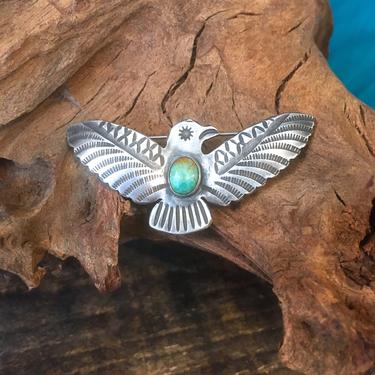 FRED HARVEY ERA Vintage 40s Thunderbird Brooch | 1940s Silver and Turquoise T-Bird Pin | Native American Jewelry, Western, Southwestern 