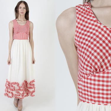 Candi Jones Dress / Red White Gingham Print / 70s Picnic Country Floral Dress / Vintage Checkered Field Lace / Country Barn Maxi Dress 