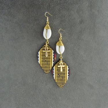 African print earrings, Ankara earrings, wood earrings, bold statement earrings, Afrocentric earrings, yellow batik earrings, cowrie shell 2 