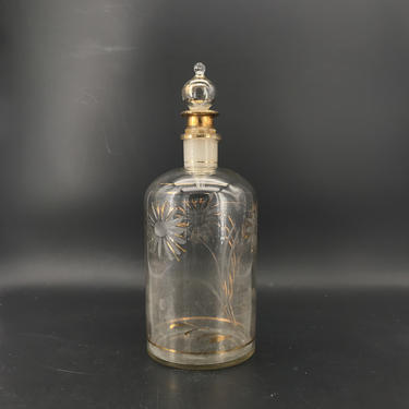 Vintage Czechoslovakian Bohemian Art Glass Decanter Mid-Century Victorian Etched Gold Floral Design Liquor Bar Bottle 