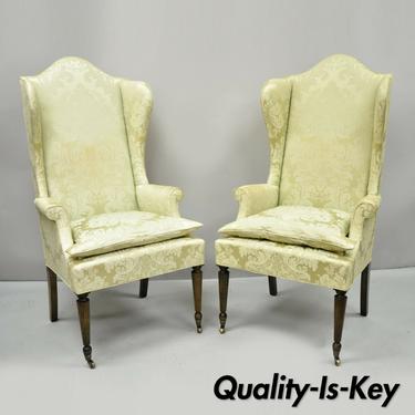 Vintage High Tall Back Sheraton Style Wing Chairs on Brass Rolling Casters
